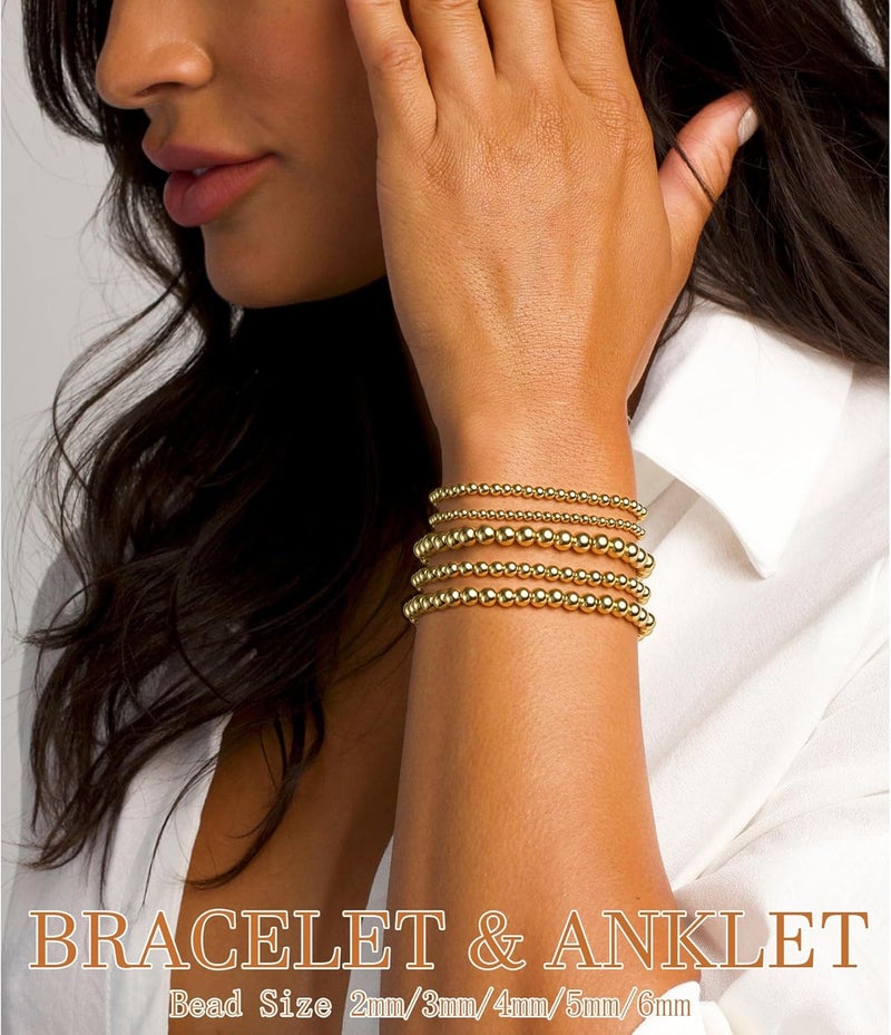 17mile Gold Beaded Bracelets for Women, 5 Pcs Dainty 14K Gold Plated Chunky Stretch Bead Ball Bracelet Stack - Image 3